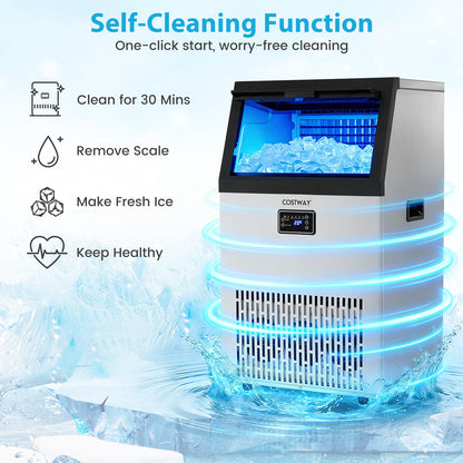 Commercial Ice Maker with 16 kg Storage Capacity and Adjustable Ice Cube Thickness-Silver