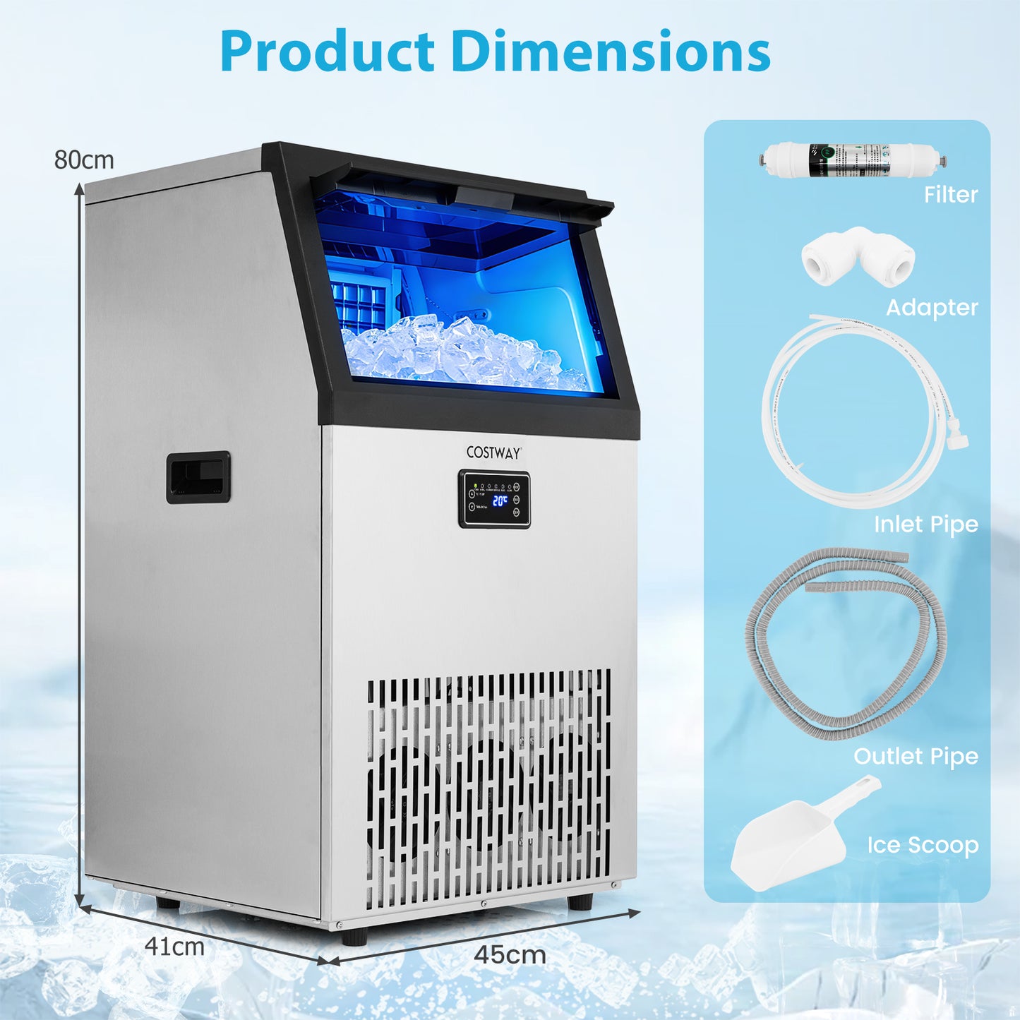 Commercial Ice Maker with 16 kg Storage Capacity and Adjustable Ice Cube Thickness-Silver