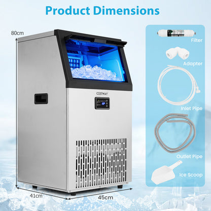 Commercial Ice Maker with 16 kg Storage Capacity and Adjustable Ice Cube Thickness-Silver