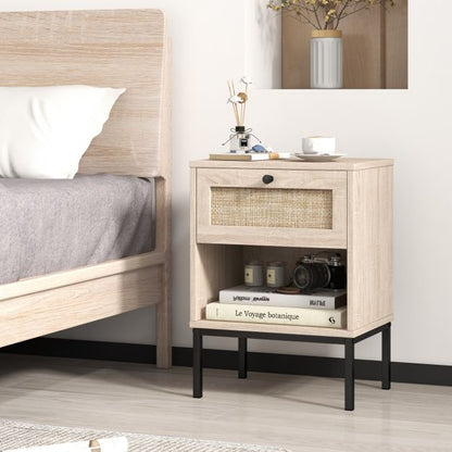 Rattan Nightstand Boho End Table with Rattan Drawer & Open Shelf-Oak
