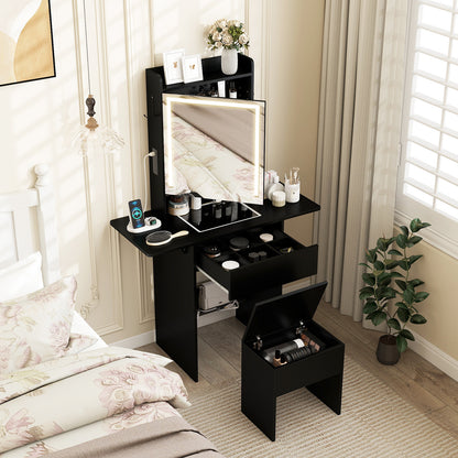 Compact Makeup Dressing Table with Visible Glass Top and Power Outlets-Black