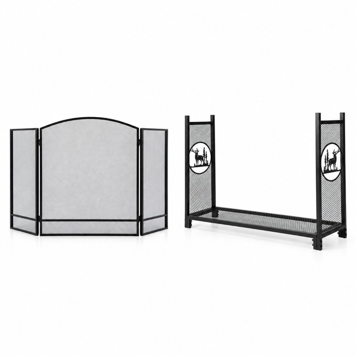 Complete Fireplace Companion Set: Folding 3-Panel Fire Screen & Deer Pattern Firewood Rack