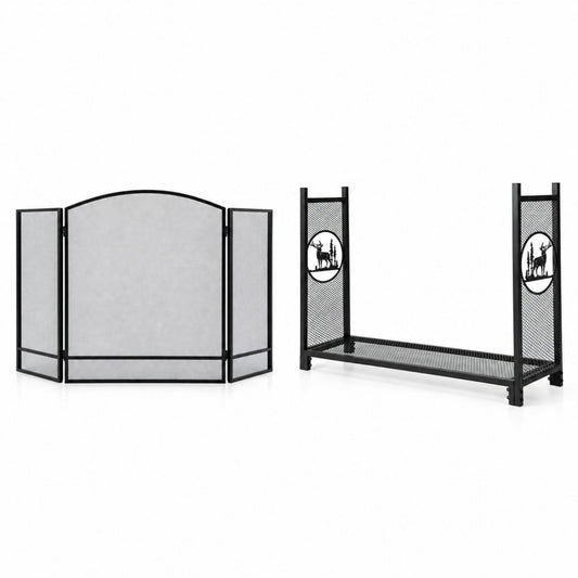 Complete Fireplace Companion Set: Folding 3-Panel Fire Screen & Deer Pattern Firewood Rack