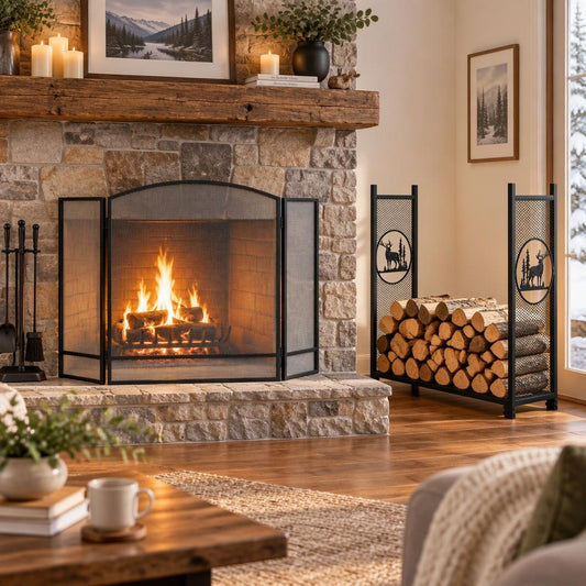 Complete Fireplace Companion Set: Folding 3-Panel Fire Screen & Deer Pattern Firewood Rack