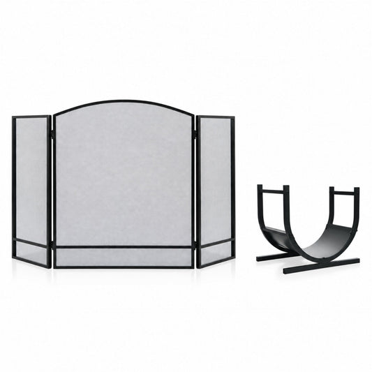 Complete Fireplace & Fire Pit Companion Set: Folding 3-Panel Fire Screen & U-Shaped Patio Firewood Rack
