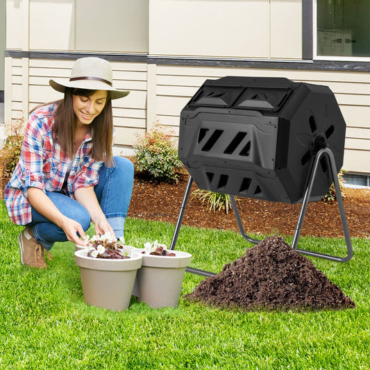 Compost Bin 160L Dual Chamber Composting Tumbler with Sliding Doors-Black