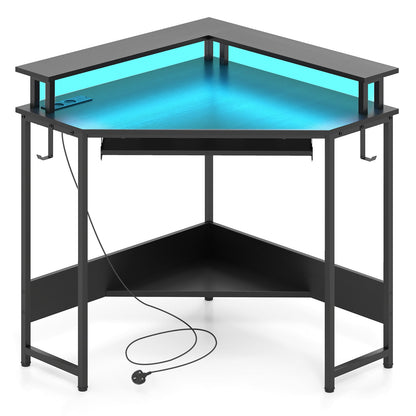 Computer Corner Desk with LED Charging Station and Monitor Stand-Black