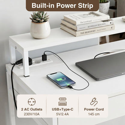 Computer Desk with Power Outlets Compact Office Desk with Removable Monitor Stand-White