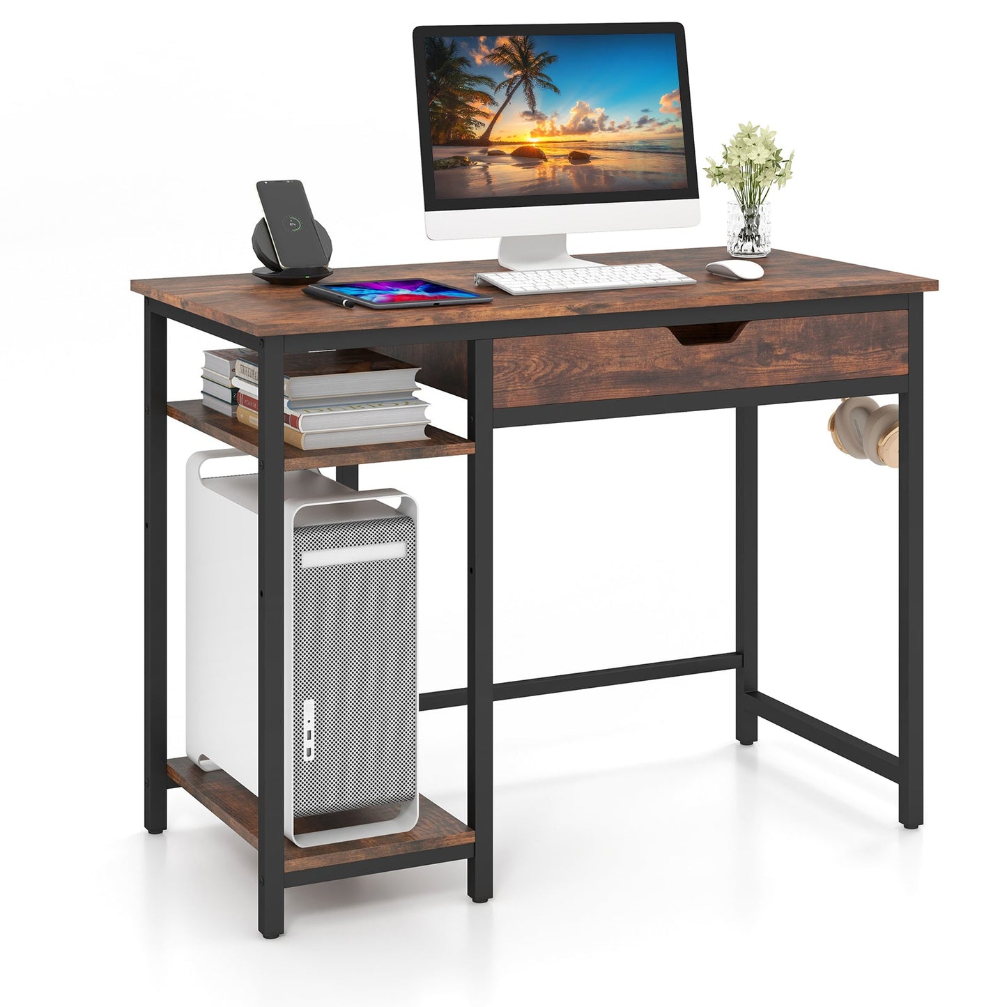 100 CM Industrial Home Office Desk with Drawer and Adjustable Shelf-Rustic Brown