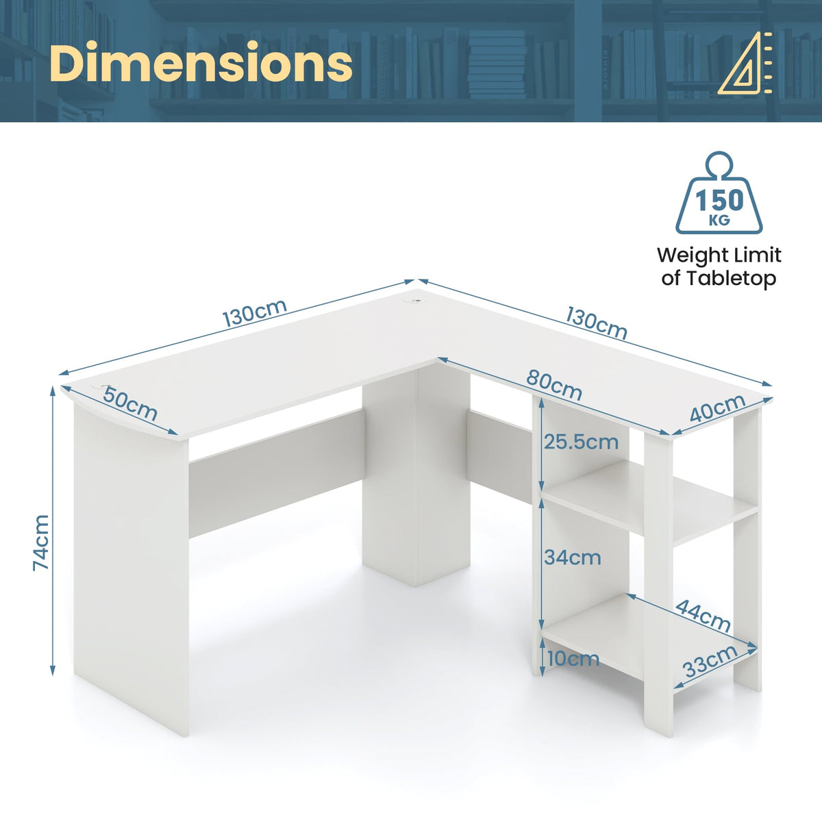 L-shaped Computer Desk with 2 Storage Shelves-White