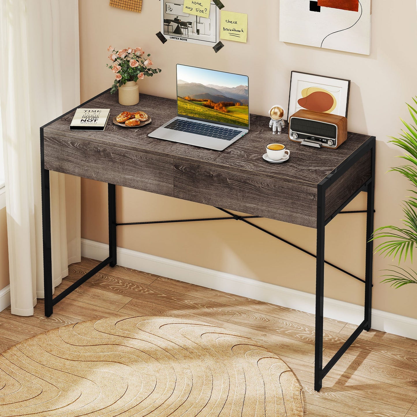 Computer Desk with 2 Drawers Vanity Table with Heavy-Duty Metal Frame-Grey