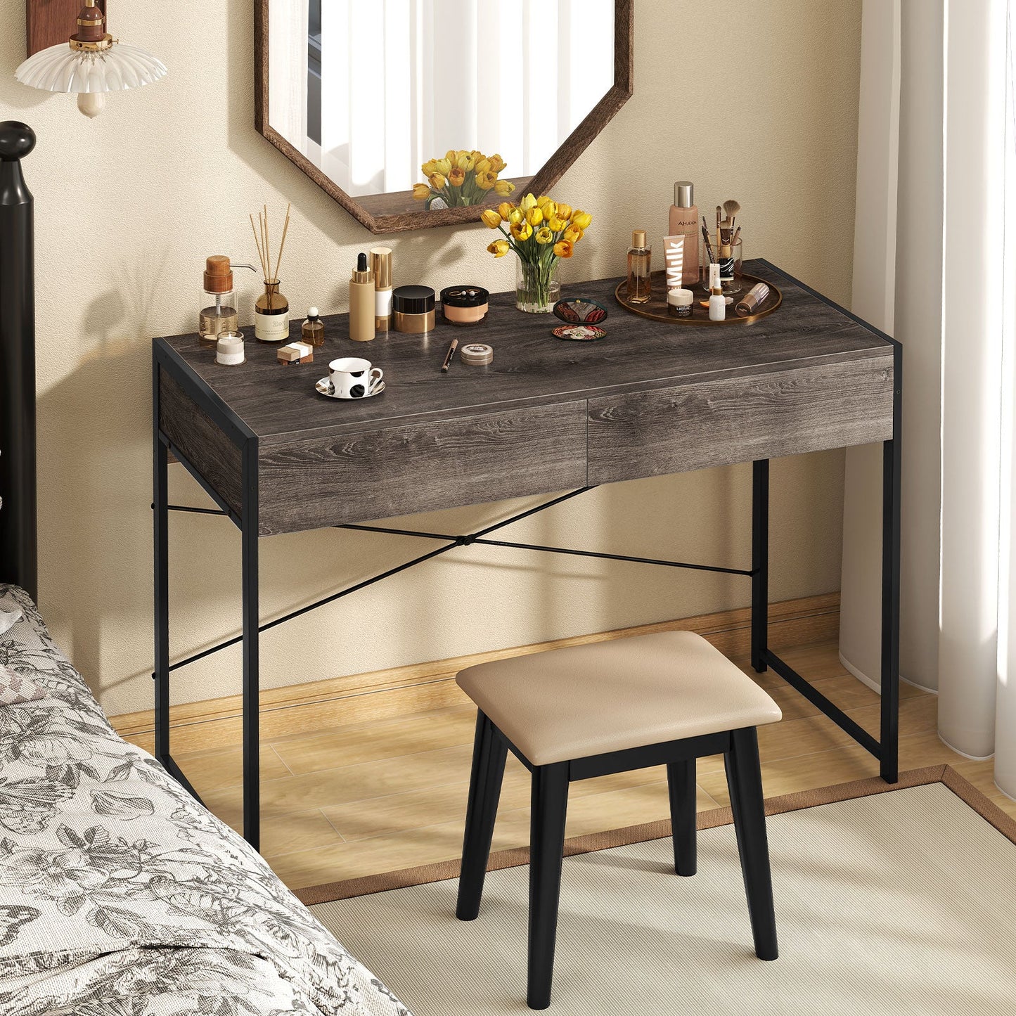 Computer Desk with 2 Drawers Vanity Table with Heavy-Duty Metal Frame-Grey