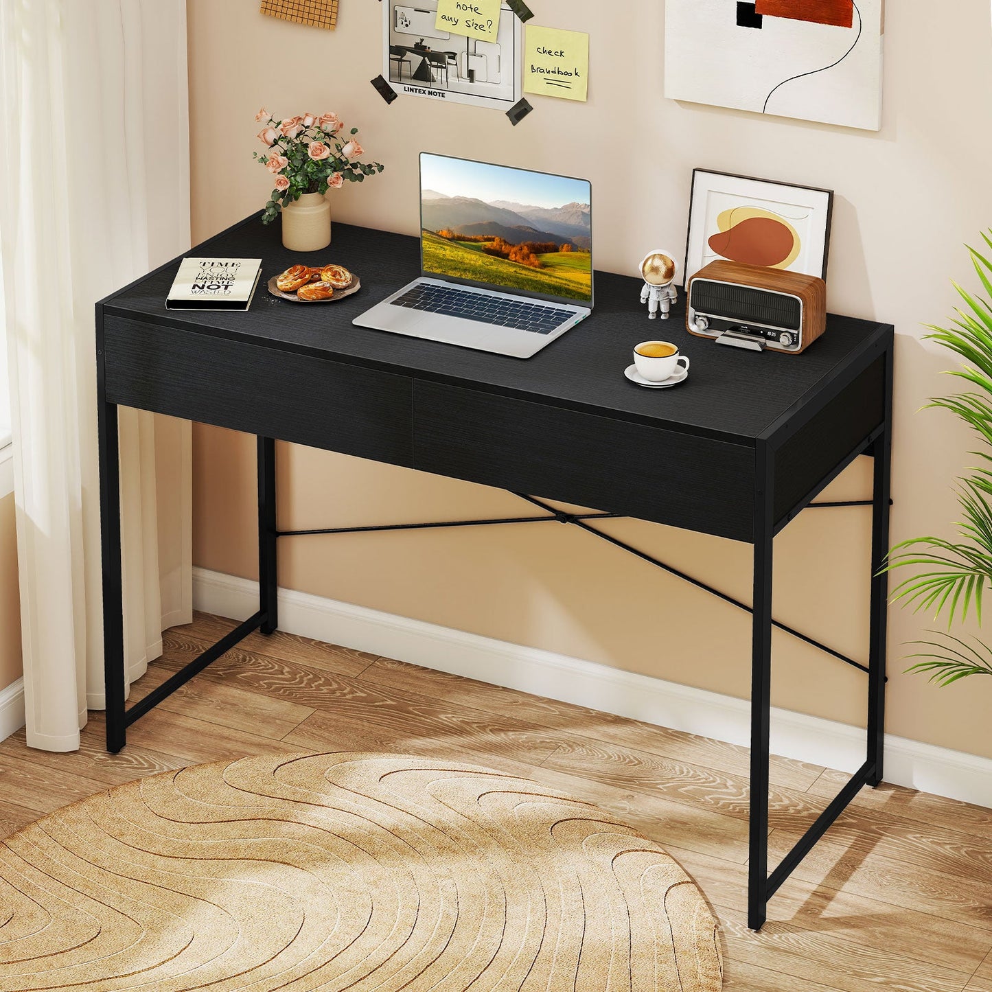 Computer Desk with 2 Drawers Vanity Table with Heavy-Duty Metal Frame-Black
