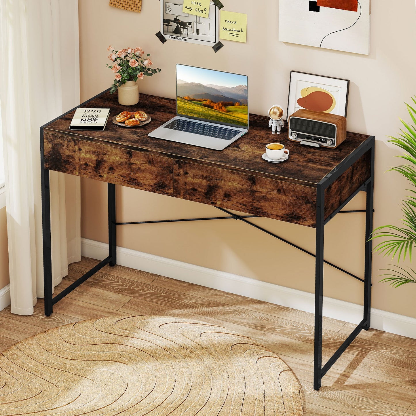 Computer Desk with 2 Drawers Vanity Table with Heavy-Duty Metal Frame-Rustic Brown