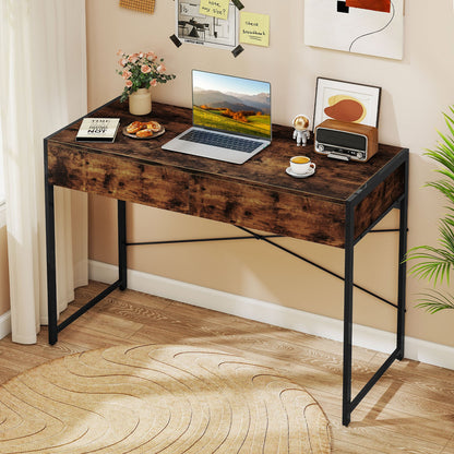 Computer Desk with 2 Drawers Vanity Table with Heavy-Duty Metal Frame-Rustic Brown