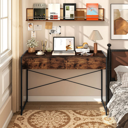 Computer Desk with 2 Drawers Vanity Table with Heavy-Duty Metal Frame-Rustic Brown