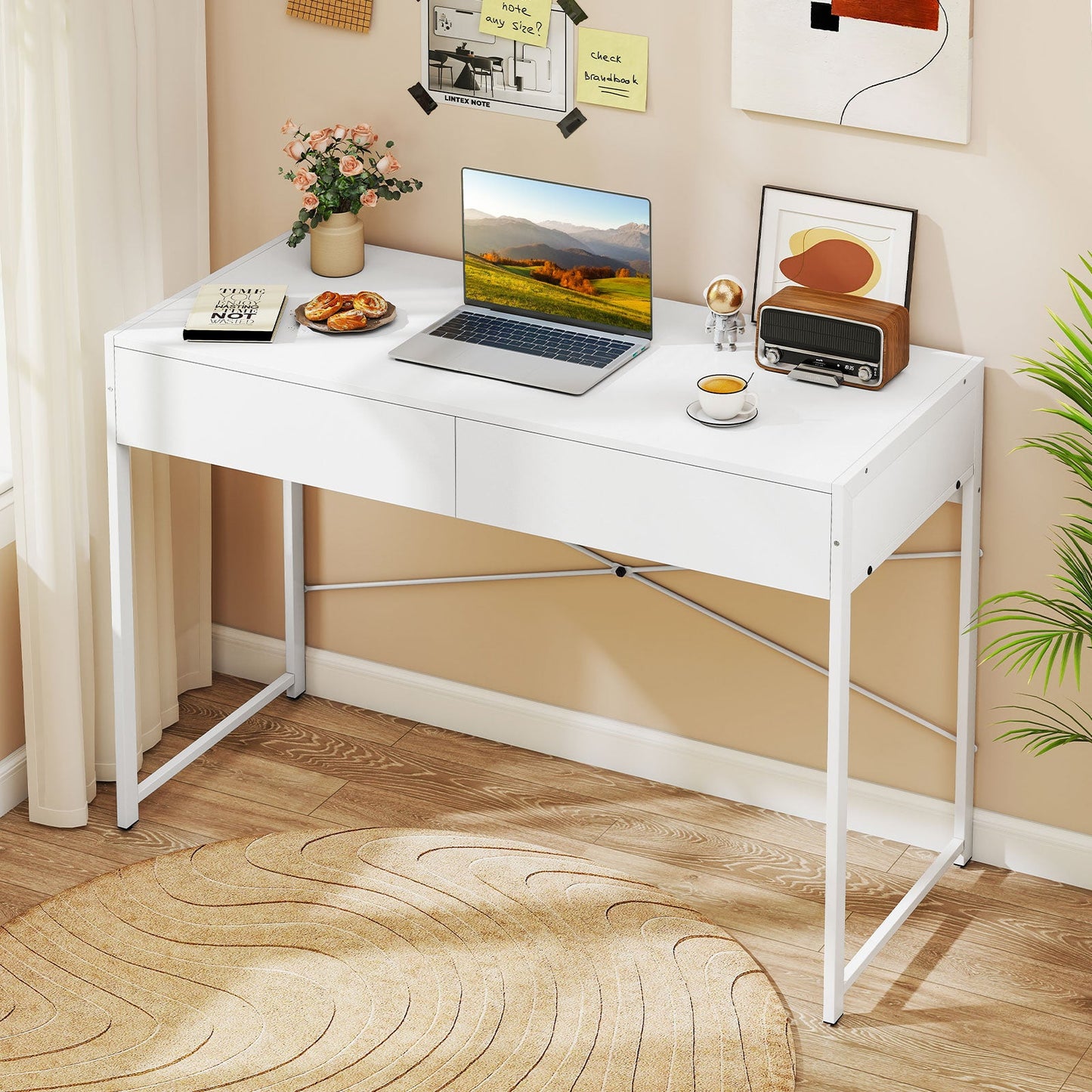 Computer Desk with 2 Drawers Vanity Table with Heavy-Duty Metal Frame-White
