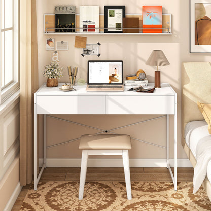 Computer Desk with 2 Drawers Vanity Table with Heavy-Duty Metal Frame-White