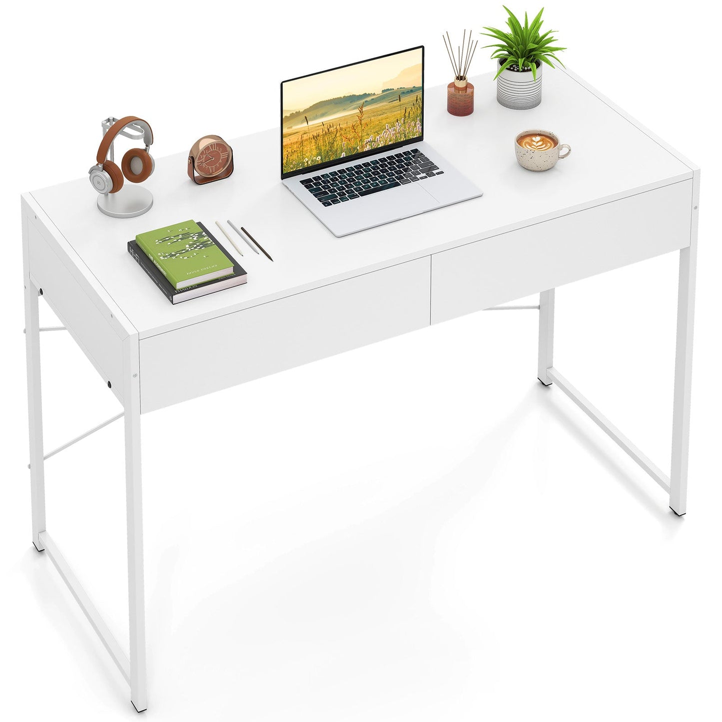 Computer Desk with 2 Drawers Vanity Table with Heavy-Duty Metal Frame-White