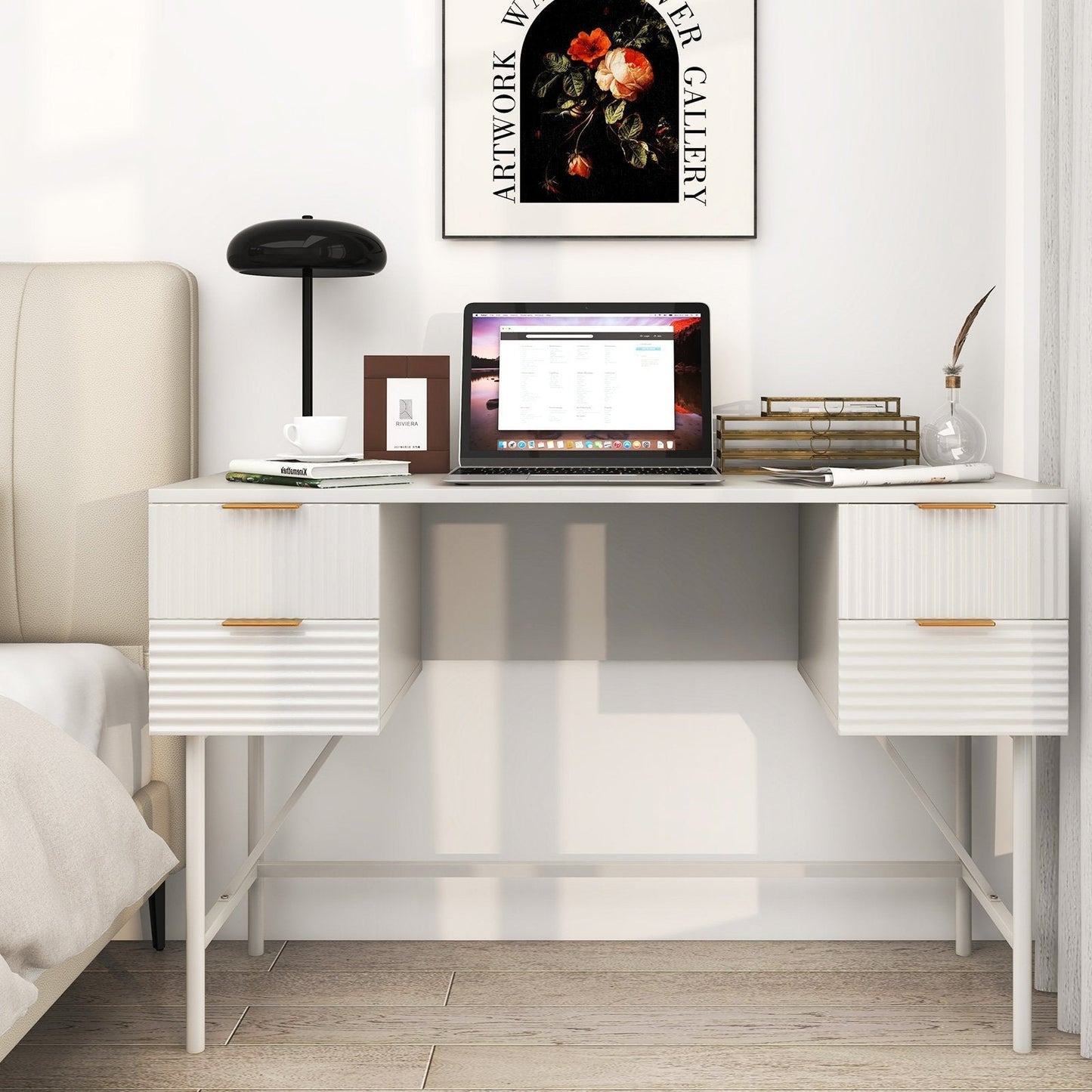 Modern Computer Desk with 4 Drawers and Storage-White