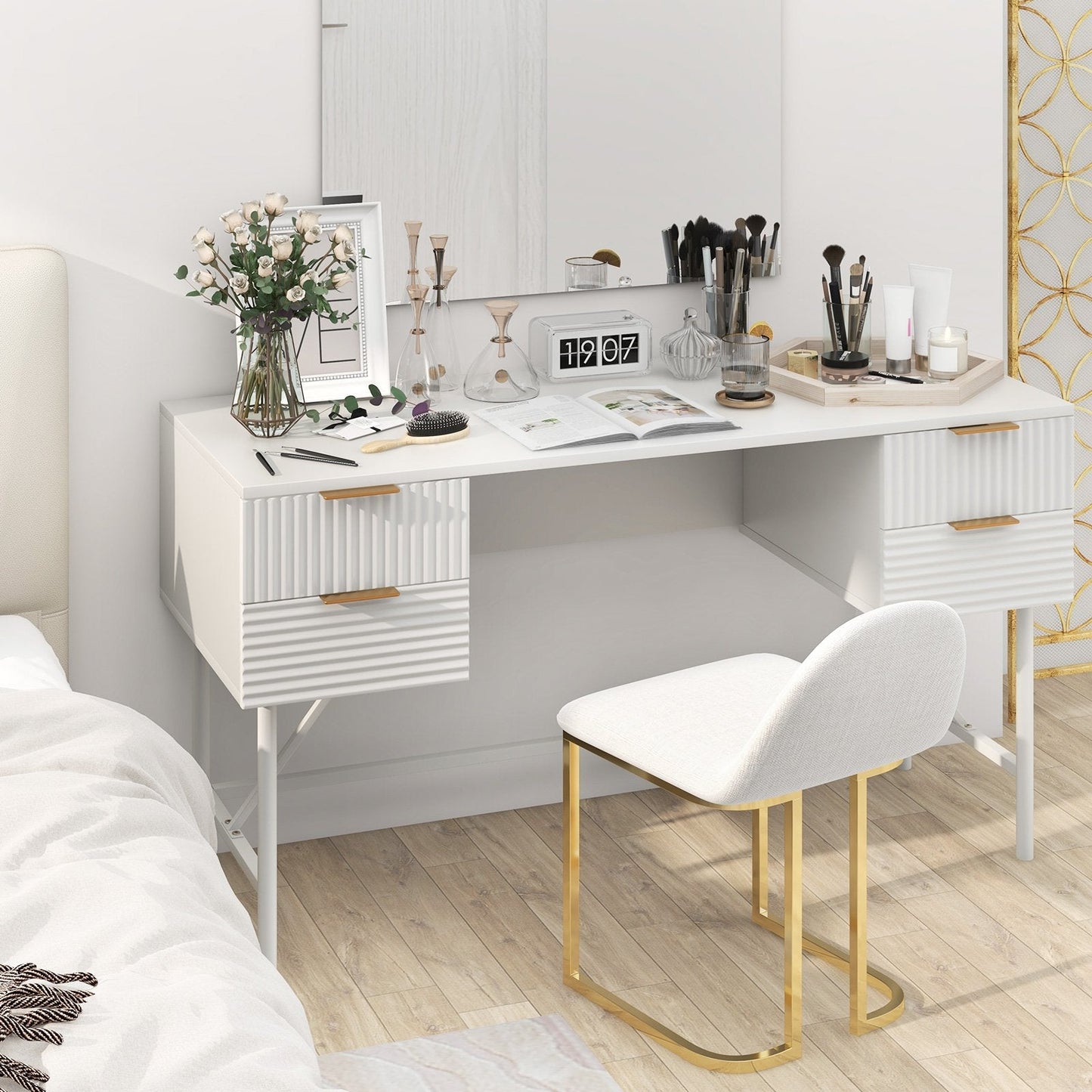 Modern Computer Desk with 4 Drawers and Storage-White