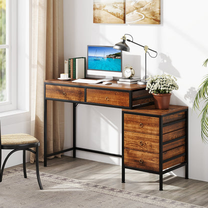 Computer Desk with 5 Drawers and Side File Cabinet-Rustic Brown