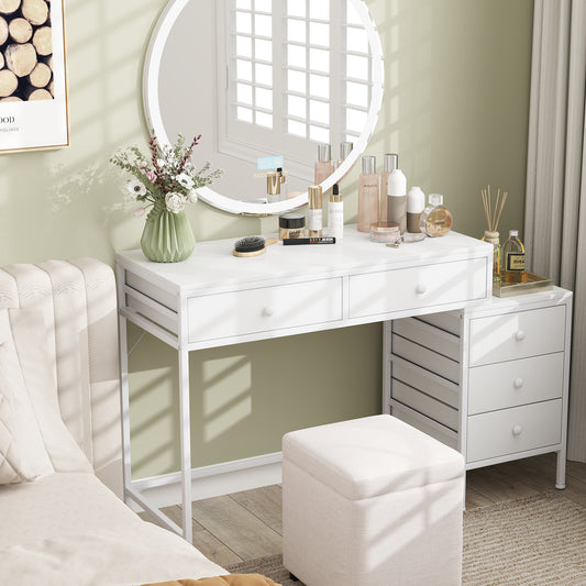 Computer Desk with 5 Drawers and Side File Cabinet-White