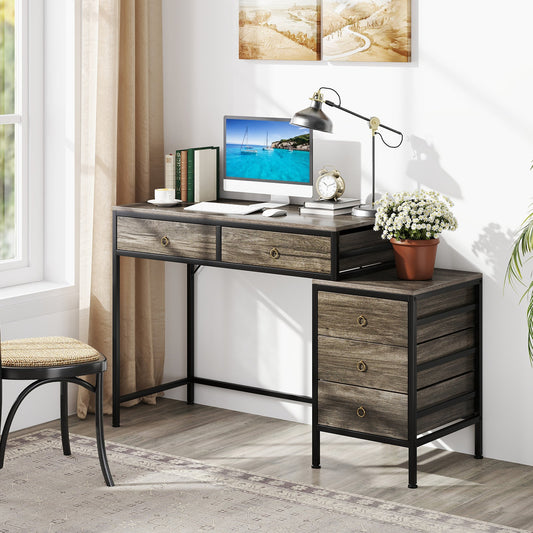 Computer Desk with 5 Drawers and Side File Cabinet-Grey