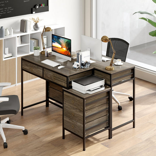 Computer Desk with 5 Drawers and Side File Cabinet-Grey