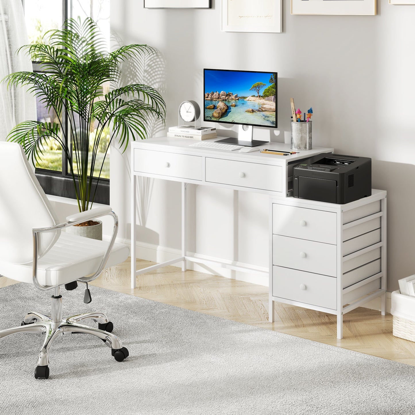 Computer Desk with 5 Drawers and Side File Cabinet-White