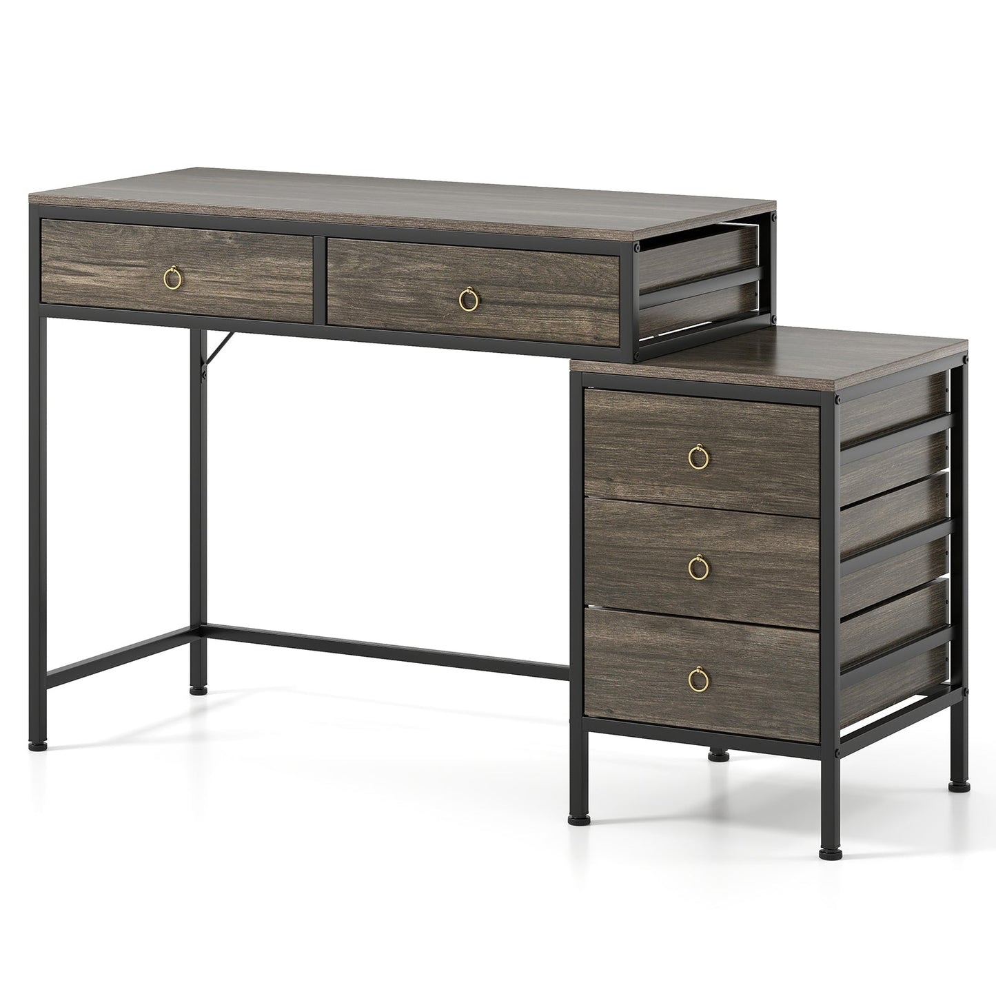 Computer Desk with 5 Drawers and Side File Cabinet-Grey