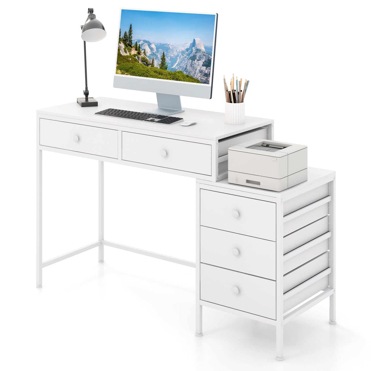 Computer Desk with 5 Drawers and Side File Cabinet-White