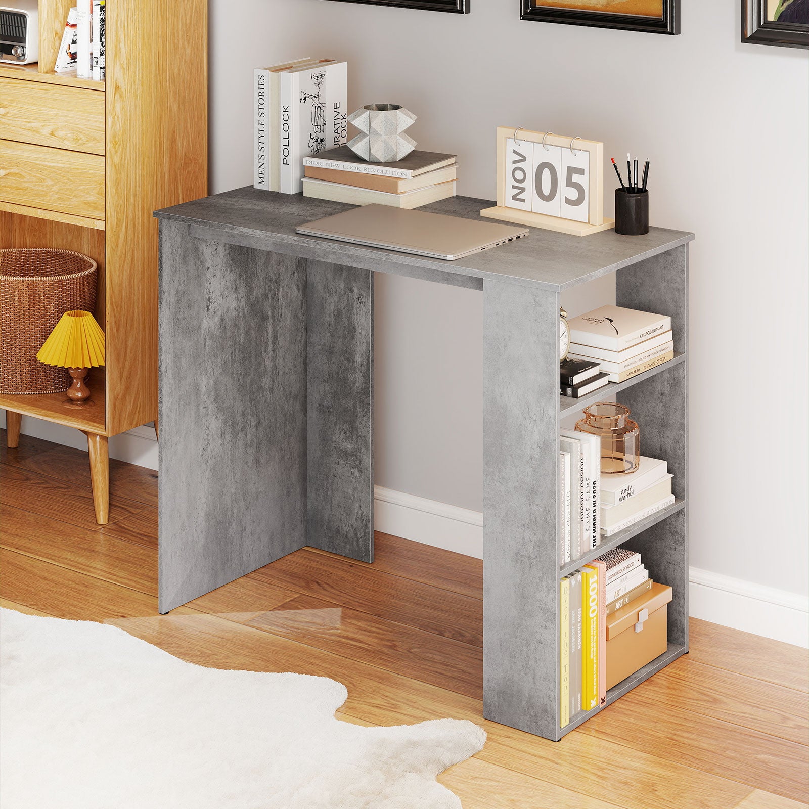 Computer Desk with Bookshelf for Study Living Room-Grey