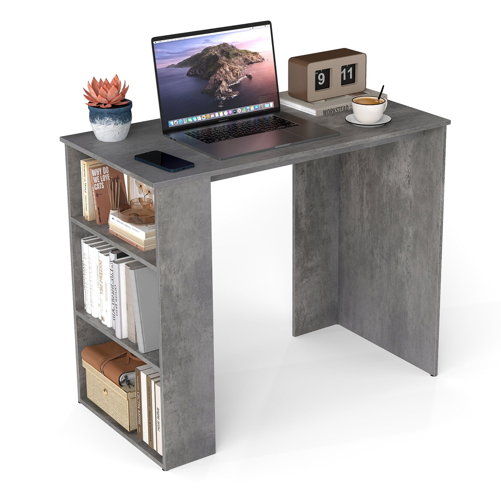 Computer Desk with Bookshelf for Study Living Room-Grey