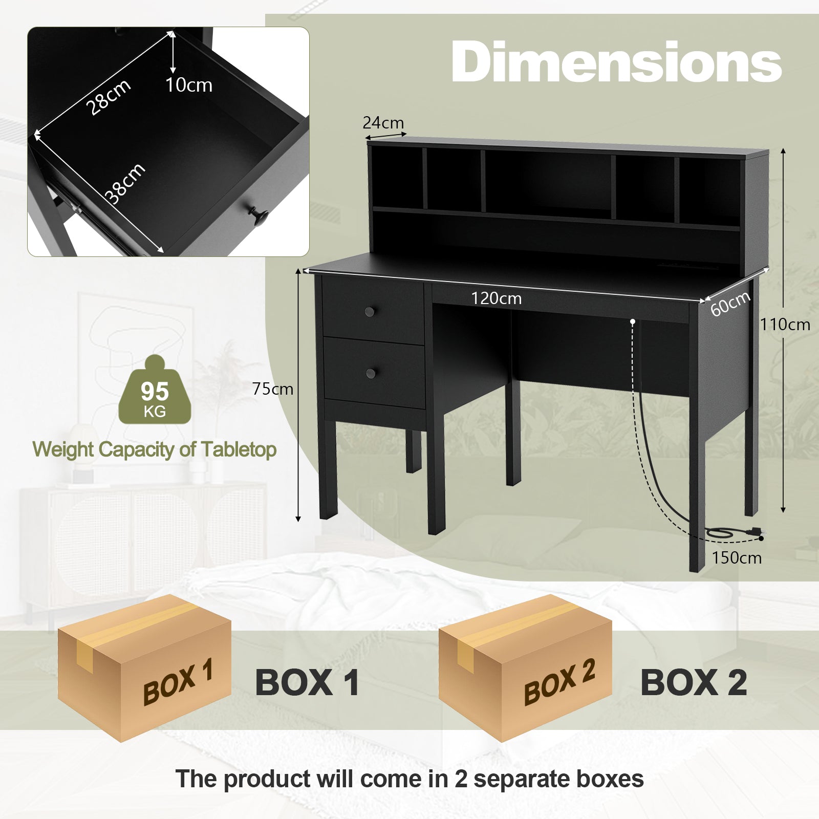 Computer Desk with Power Outlets and Hutch-Black