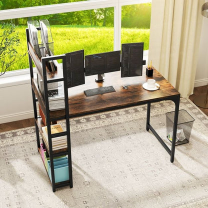 Computer Desk with Power Strip 120 CM Study Writing Desk with Bookshelf-Rustic Brown