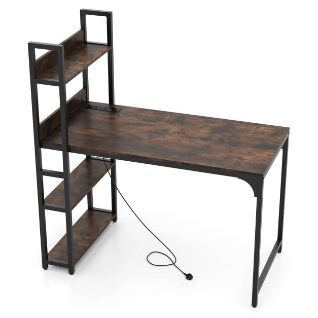 Computer Desk with Power Strip 120 CM Study Writing Desk with Bookshelf-Rustic Brown