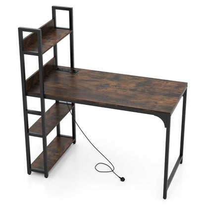 Computer Desk with Power Strip 120 CM Study Writing Desk with Bookshelf-Rustic Brown