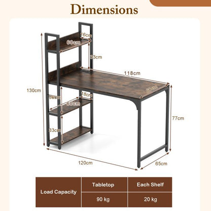 Computer Desk with Power Strip 120 CM Study Writing Desk with Bookshelf-Rustic Brown