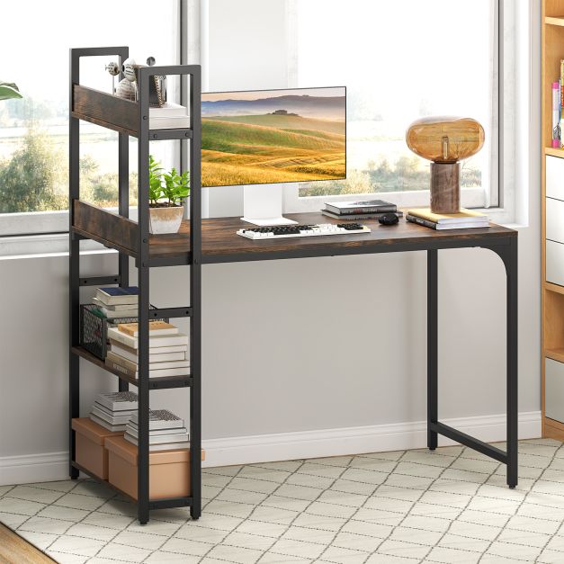 Computer Desk with Power Strip 120 CM Study Writing Desk with Bookshelf-Rustic Brown