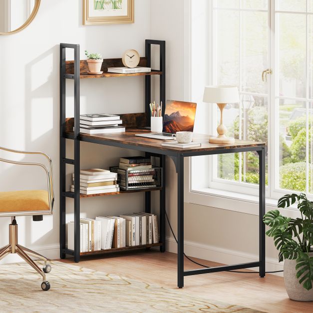 Computer Desk with Power Strip 120 CM Study Writing Desk with Bookshelf-Rustic Brown