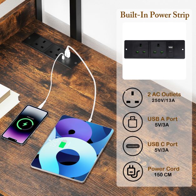 Computer Desk with Power Strip 120 CM Study Writing Desk with Bookshelf-Rustic Brown