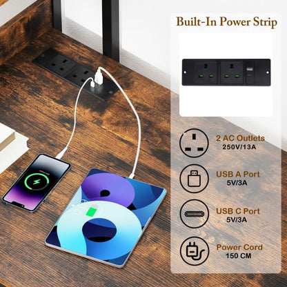 Computer Desk with Power Strip 120 CM Study Writing Desk with Bookshelf-Rustic Brown