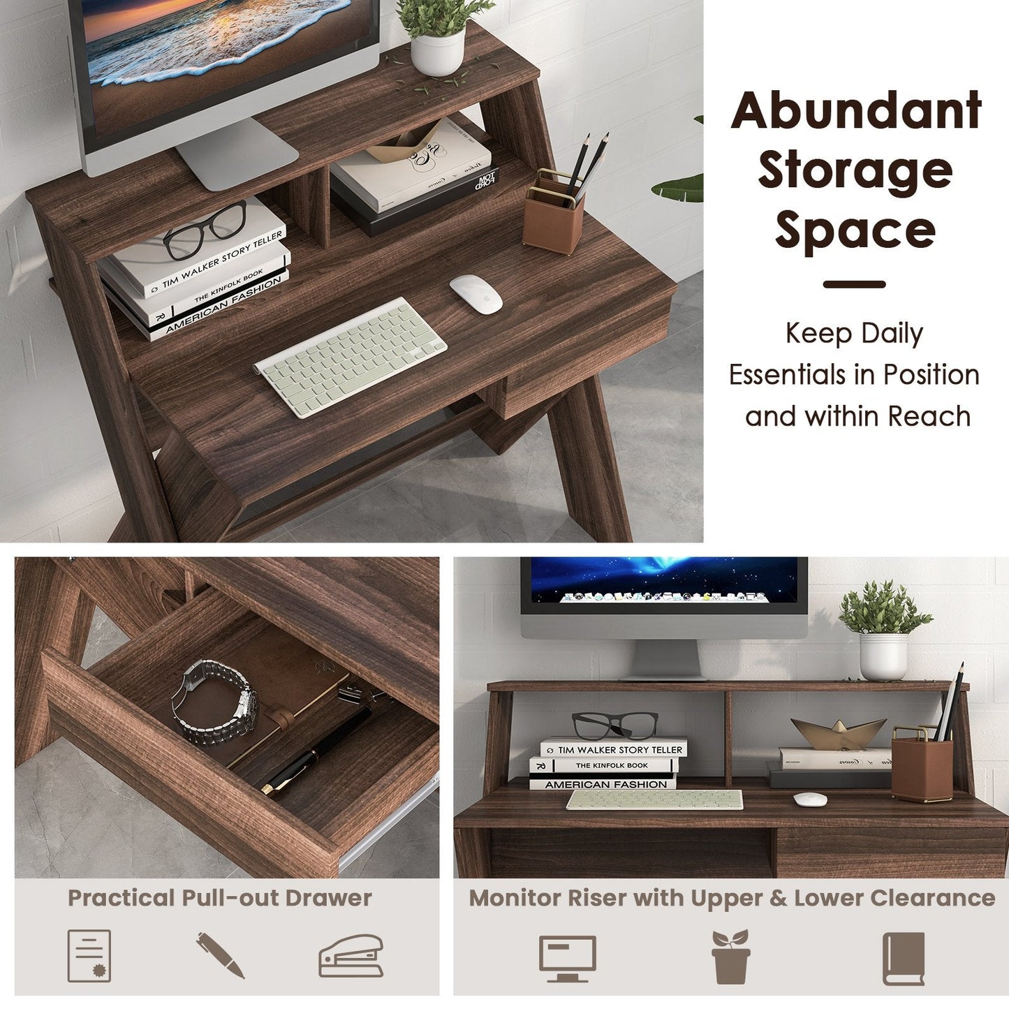 Computer Desk with Storage Drawer and Monitor Stand Riser-Walnut