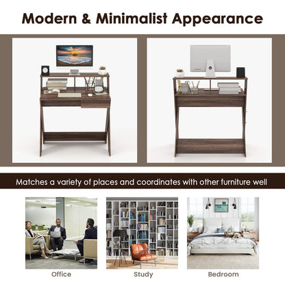 Computer Desk with Storage Drawer and Monitor Stand Riser-Walnut