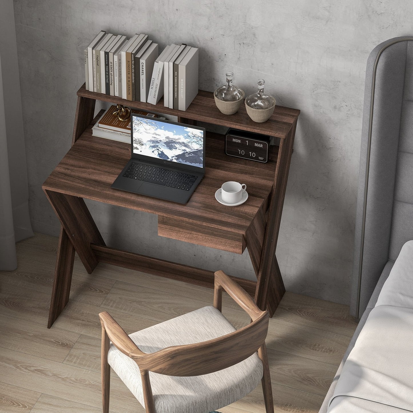 Computer Desk with Storage Drawer and Monitor Stand Riser-Walnut