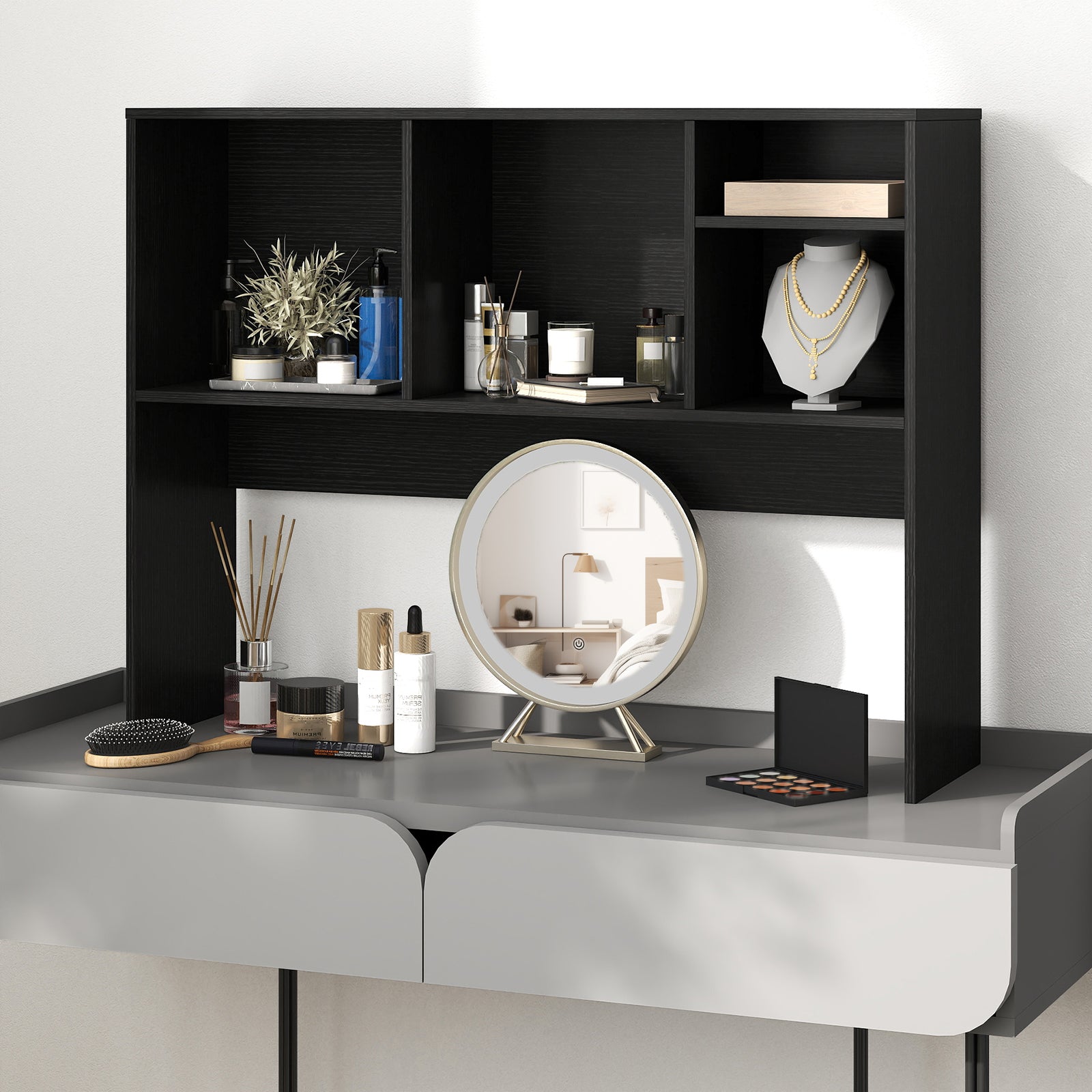 Computer Desktop Bookcase with 4 Cubbies and Open Back Compartment-Black