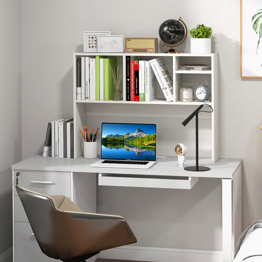 Computer Desktop Bookcase with 4 Cubbies and Open Back Compartment-White