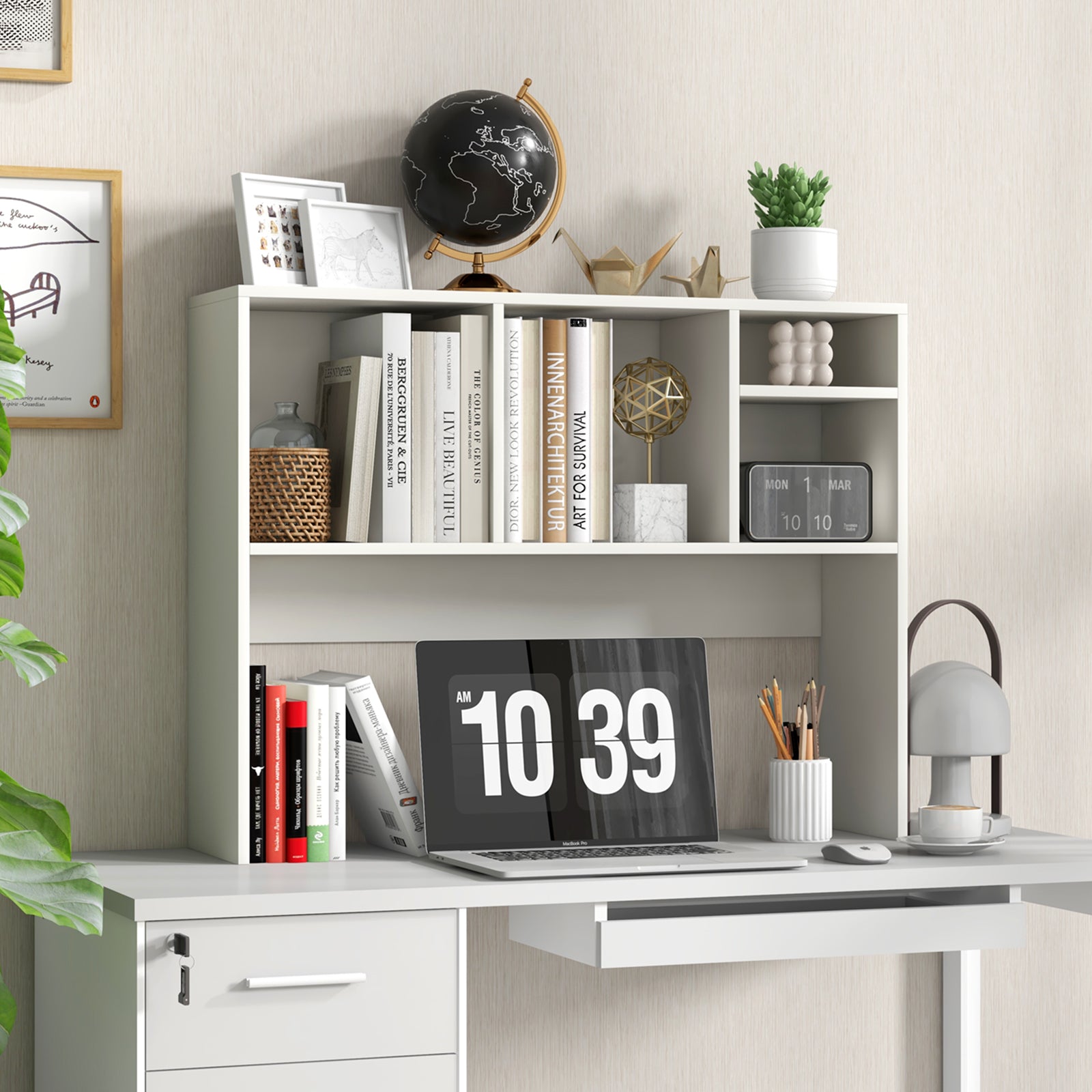 Computer Desktop Bookcase with 4 Cubbies and Open Back Compartment-White