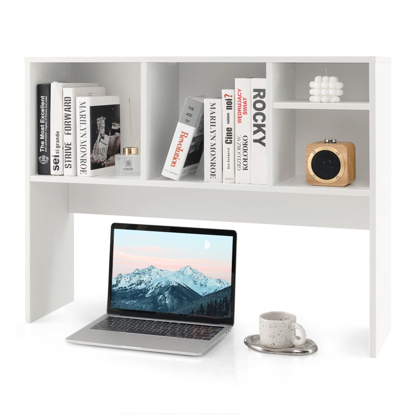 Computer Desktop Bookcase with 4 Cubbies and Open Back Compartment-White